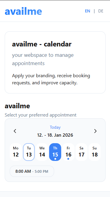 availme Dedicated Calendar - Mobile booking page